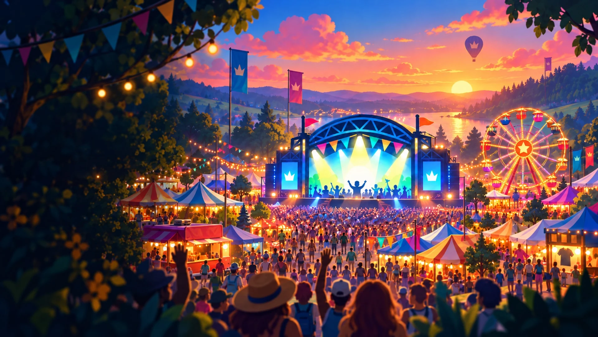 Illustrated festival grounds with colourful stages, campsites and a Ferris wheel