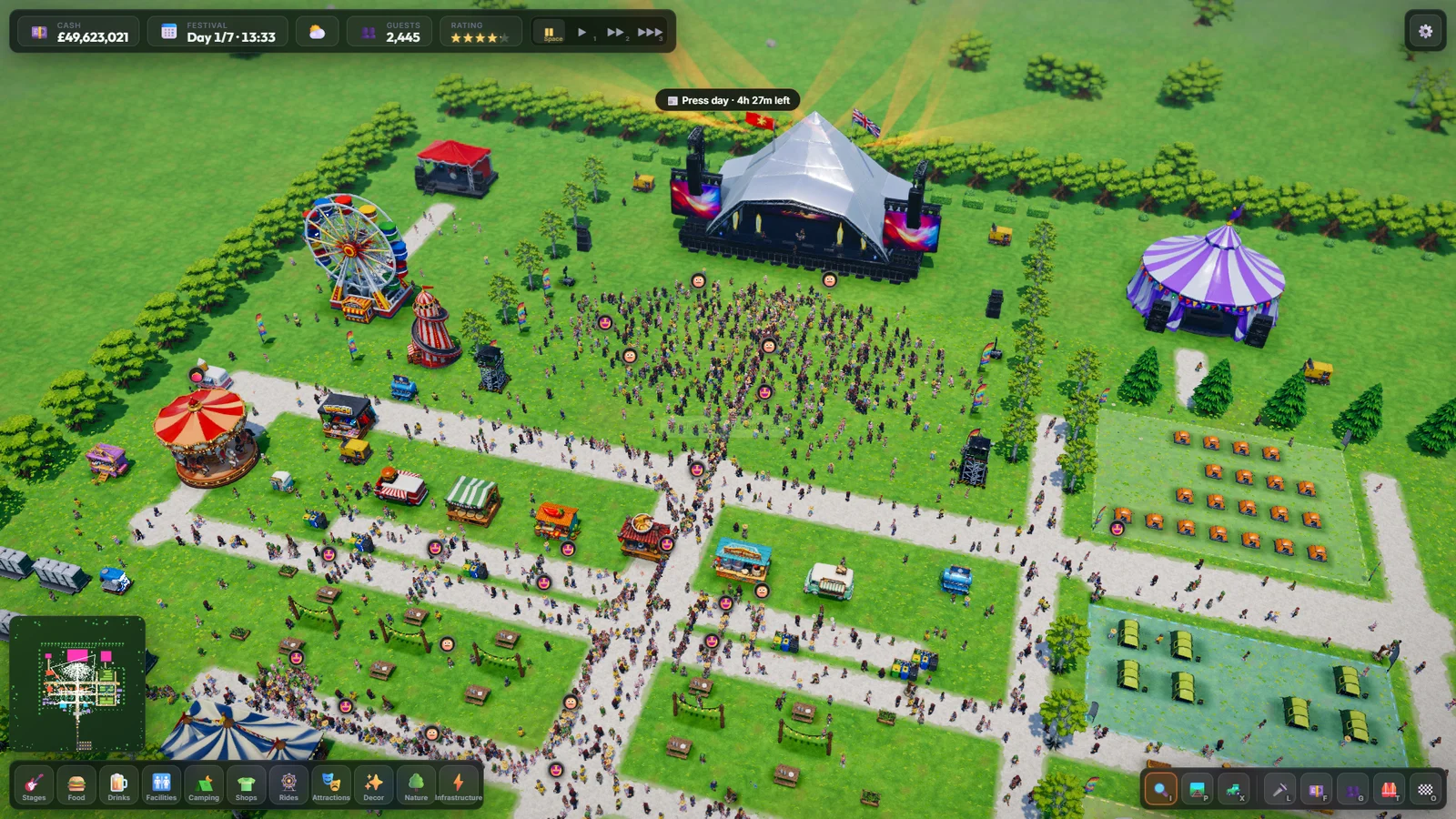 A complete festival layout with a main stage, fairground, food court and campsites